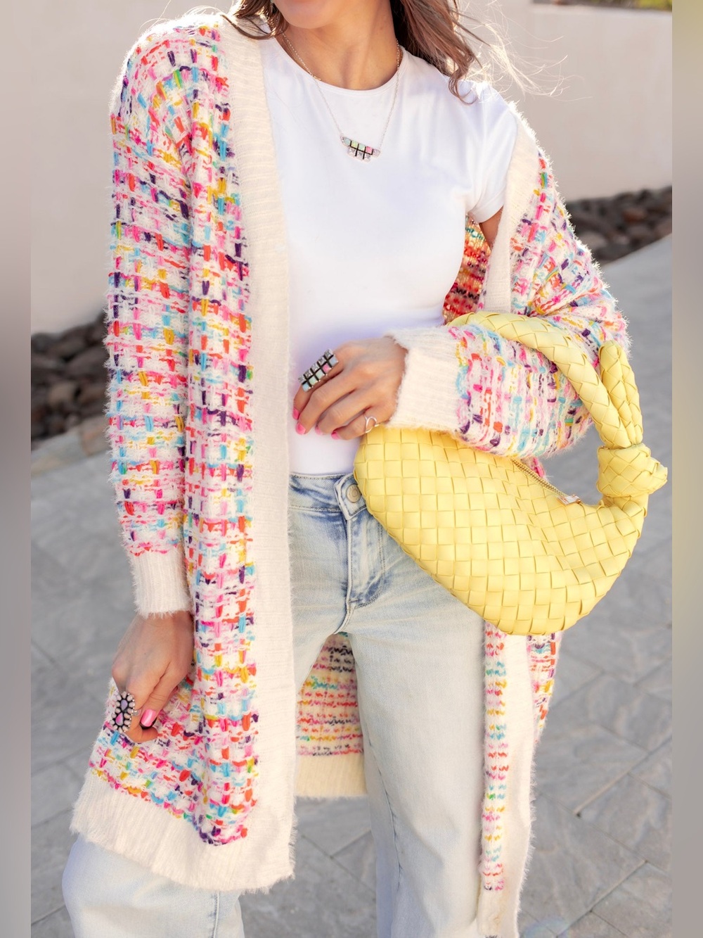 Alice Blue | Cream-Trim Multicolor Bouclé Open Cardigan Sz S